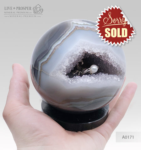 Silver figure of scorpion inside geode agate amethyst sphere with sea pearl and Swarovski inserts