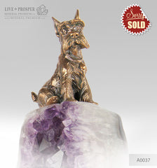Bronze Terrier Figure on Amethyst on Dolerite plate