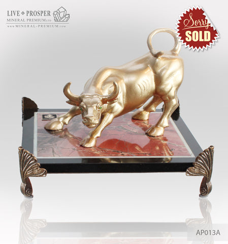 Bronze figure of bull gold plated with demantoids inserts on jasper plate 2