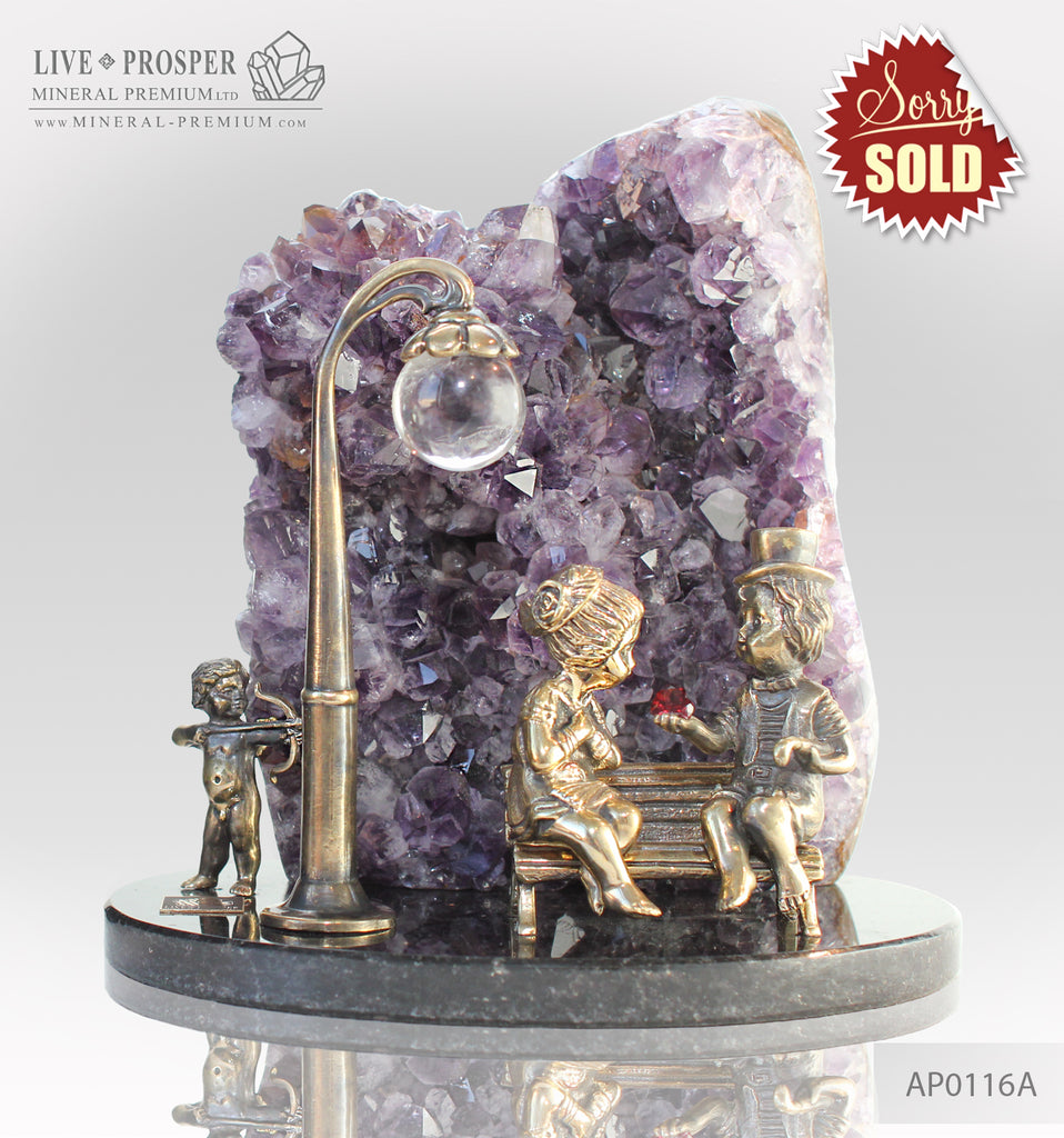 Bronze cupid and sweethearts on a bench with  Agate Geode Amethyst