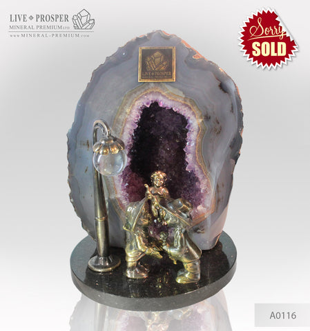Bronze Cupid and Sweethearts with Agate Geode Amethyst and Rock- crystal sphere on a Dolerite plate