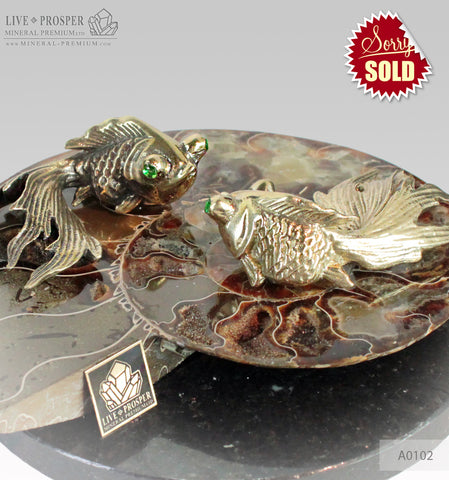 Bronze Goldfish couple figures with Demantoid inserts with Ammonite