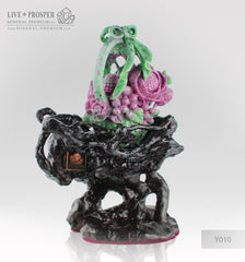 Solid Ruby Zoisite carving of Wedding Basket with Fowers , Berries and Cicada on a Wooden stand