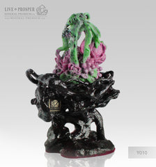 Solid Ruby Zoisite carving of Wedding Basket with Fowers , Berries and Cicada on a Wooden stand