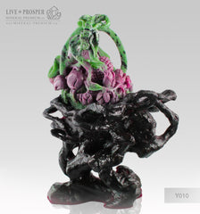 Solid Ruby Zoisite carving of Wedding Basket with Fowers , Berries and Cicada on a Wooden stand