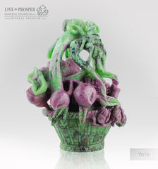 Solid Ruby Zoisite carving of Wedding Basket with Fowers , Berries and Cicada on a Wooden stand