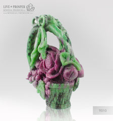 Solid Ruby Zoisite carving of Wedding Basket with Fowers , Berries and Cicada on a Wooden stand