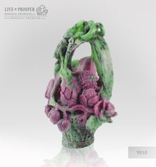 Solid Ruby Zoisite carving of Wedding Basket with Fowers , Berries and Cicada on a Wooden stand