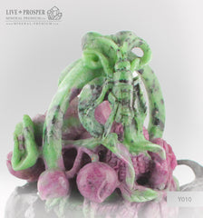Solid Ruby Zoisite carving of Wedding Basket with Fowers , Berries and Cicada on a Wooden stand