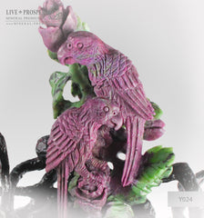 Gift Minerals Solid ruby zoisite carving of parrots couple with roses on a wooden stand