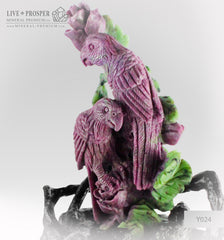 Solid  ruby zoisite carving of parrots couple with roses on a wooden stand