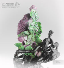 Solid  ruby zoisite carving of parrots couple with roses on a wooden stand