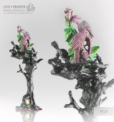 Gift Minerals Solid ruby zoisite carving of parrots couple with roses on a wooden stand