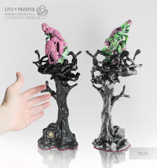 Solid  ruby zoisite carving of parrots couple with roses on a wooden stand